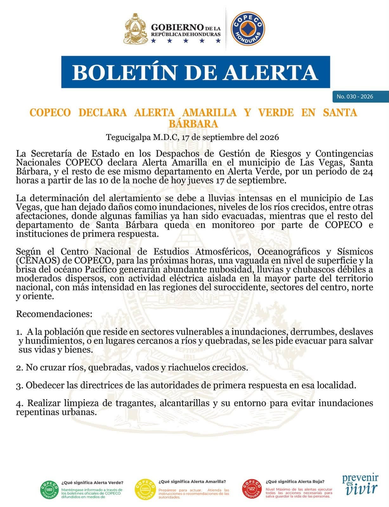 ¡Alerta por lluvias! COPECO eleva vigilancia en Santa Bárbara ante inundaciones y crecida de ríos