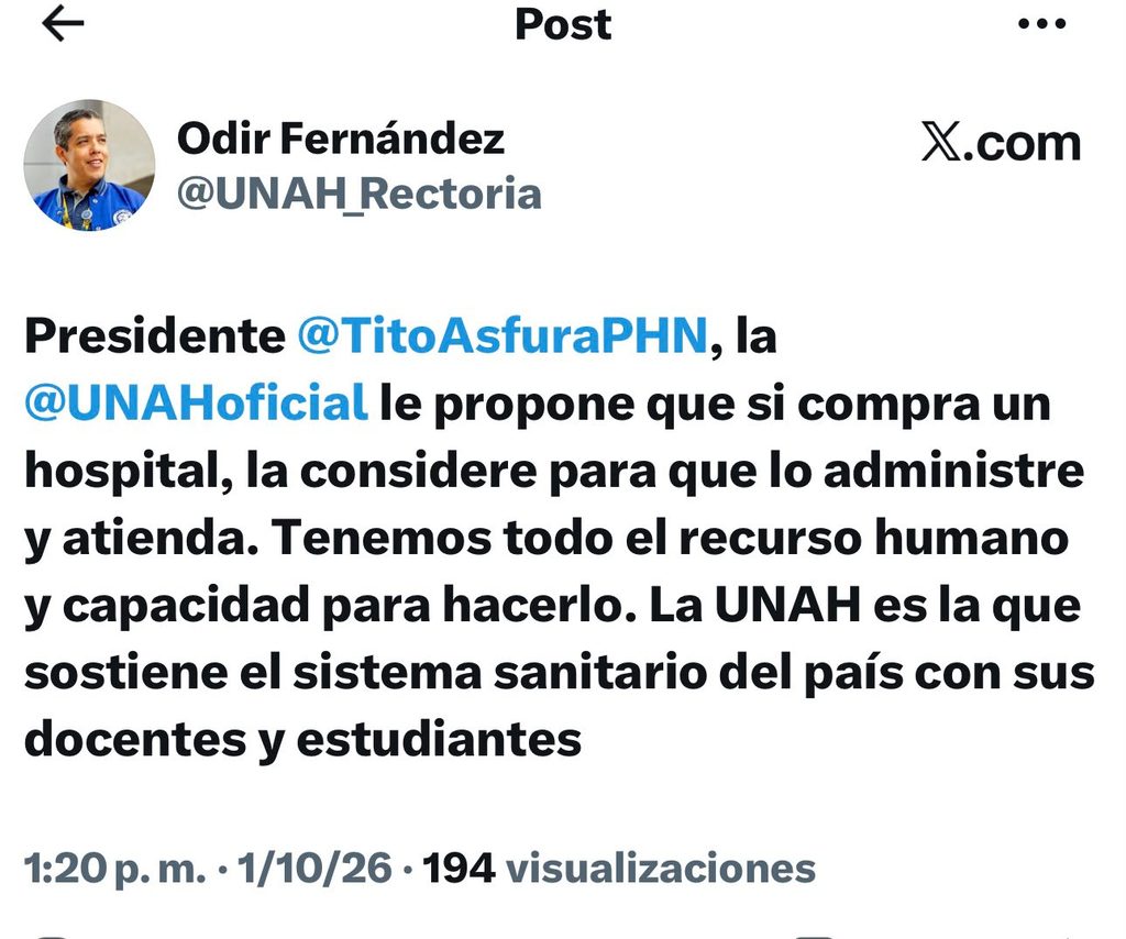 Odir Fernández propone que la UNAH administre hospital privado que compre el Gobierno