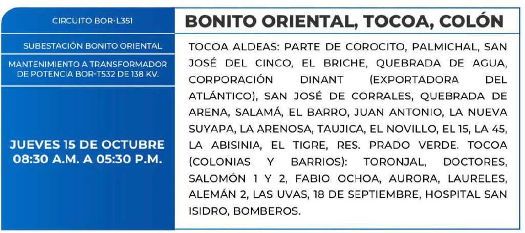 Cortes de energía eléctrica para este jueves 15 de octubre en Honduras
