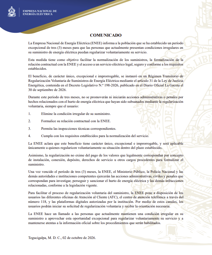 ¡Último aviso! ENEE da tres meses para legalizar conexiones eléctricas irregulares